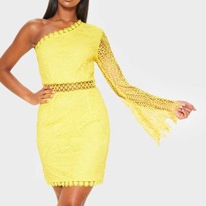 PrettyLittleThing Yellow One-Shoulder Lace Dress